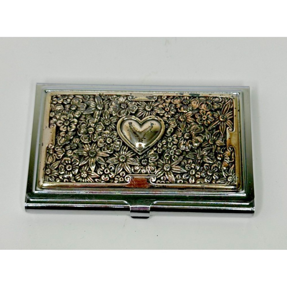 Brighton Vintage Silver Field of Hearts Floral Business Card Holder Compact
